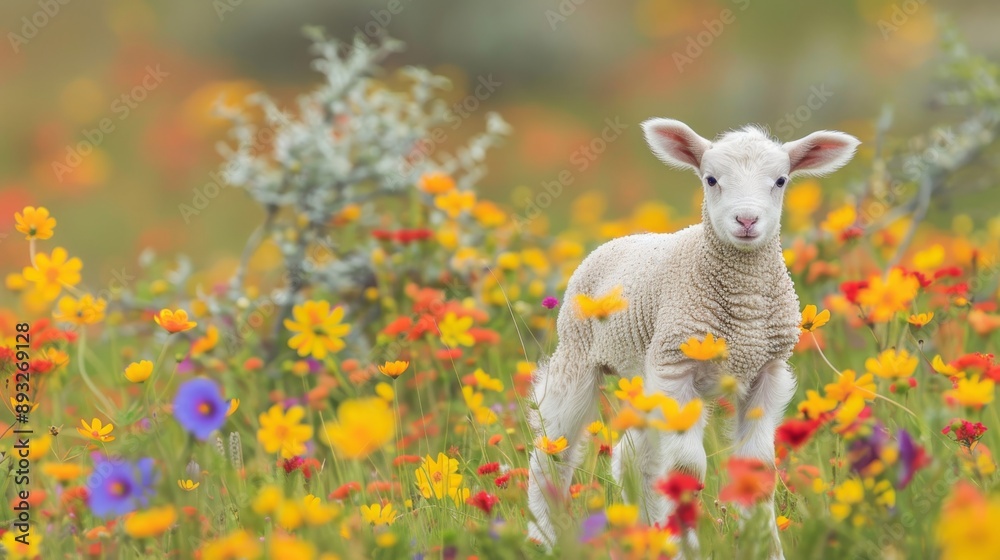 A Lamb Standing In the Middle of a Field of Wildflowers and Grass - Generative AI