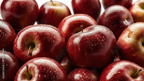 Red apples with water drops on a white background. Close-up. photo