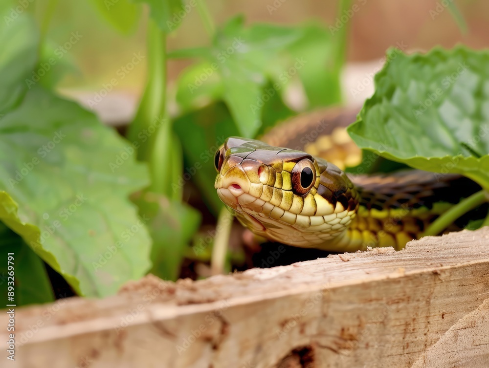Fototapeta premium Curious Eastern Garter Snake Gazing from Wooden Garden Bed
