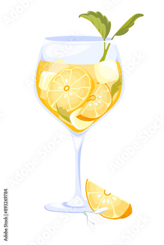 Aperol spritz alcohol cocktail with ice, slice of citrus and mint garnish in a wine glass. Perfect for summer drinks, bar menus, or refreshing beverage designs. Vector illustration.