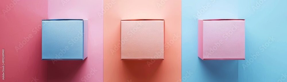 Three colorful boxes arranged on a vibrant background, ideal for presentations, marketing, or packaging concepts.
