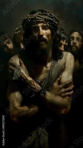 Video vertical recreation transgressive of differents states of Jesus Christ with crown with thorns photo