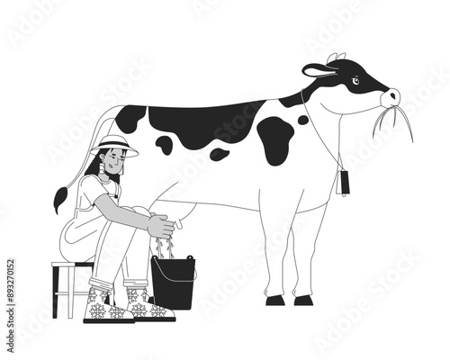 African american woman milking cow 2D cartoon character. Black female farmer working at dairy farm isolated flat vector person white background. Agricultural animal color spot illustration