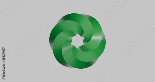 3D abstract green looped circle resembling AI technology logo on a gray background with copy space for modern and minimalist design elements