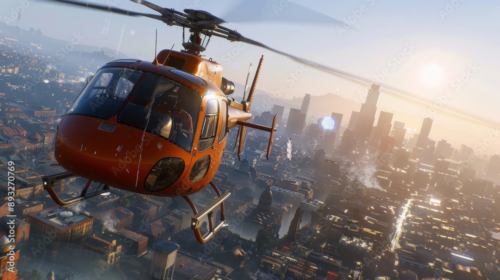 A Helicopter Flying Over a City With Buildings and Trees in the Background - Generative AI A Helicopter Flying Over a City With Buildings and Trees in the Background - Generative AI