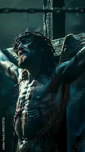 Video Vertical recreation of the pain of crucifixion of Jesus Christ photo