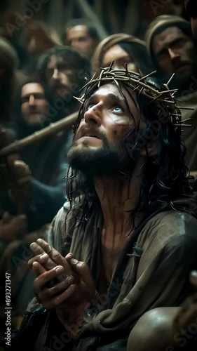 Video Vertical recreation of Jesus Christ with crown of thorns praying to sky photo