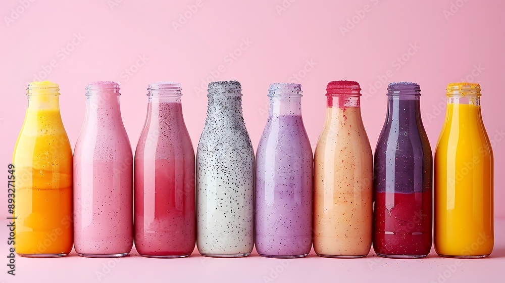 Colorful probiotic kefir smoothies in bottles, Colorful probiotic kefir smoothies in bottles,