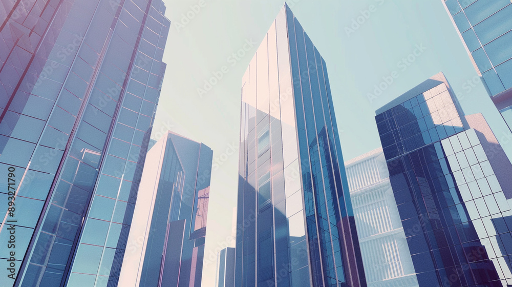 Naklejka premium A futuristic skyscraper with a sleek, reflective glass facade rising against a clear blue sky, showcasing modern urban architecture and advanced design