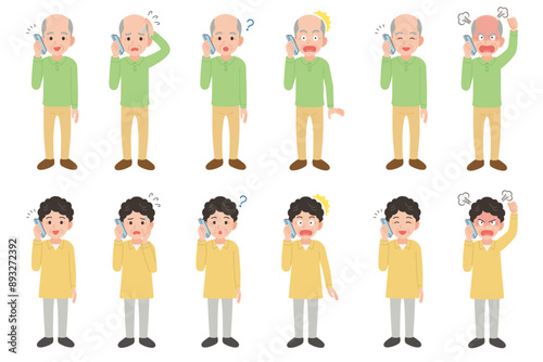 スマホで通話するシニア　男女表情セット