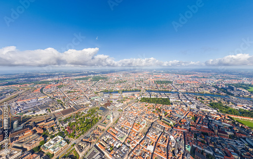 Copenhagen, Denmark. Panorama of the city in summer. Sunny weather with clouds. Aerial view