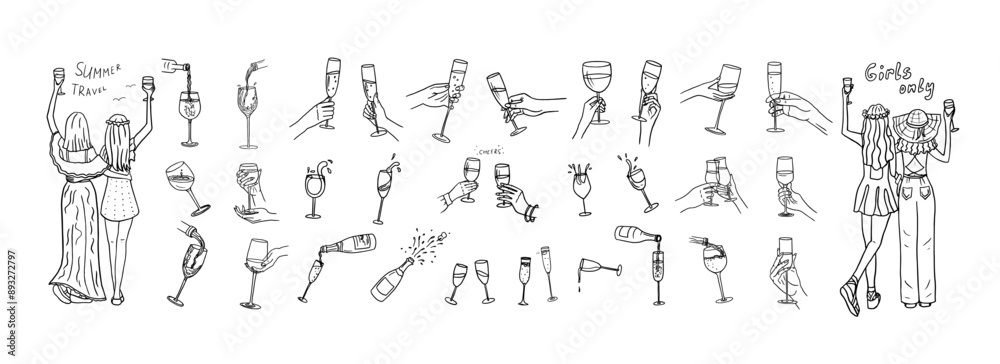 Fototapeta premium Large set of hands with champagne glasses, wine glasses, champagne bottles. Cheers. Alcoholic drinks. Great for bar menu, holiday, wedding, celebration. Girlfriends. Bachelorette party. Doodle