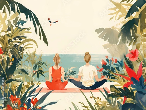 Watercolor Flat Illustration Digital Nomad Couple in Bali Balancing Work and Life