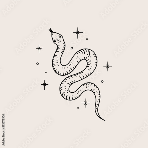 Card with snake and stars. Hand drawn illustration in sketch style.