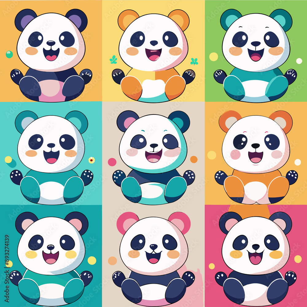 A repeating pattern featuring cartoon pandas in pastel colors. A repeating pattern featuring cartoon pandas in pastel colors.