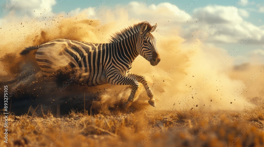 Fototapeta premium A Zebra Running Through a Field of Dirt and Grass on a Sunny Day - Generative AI