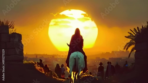 Video Recreation of Jesus riding a white donkey entering to Jerusalem with the sundown photo