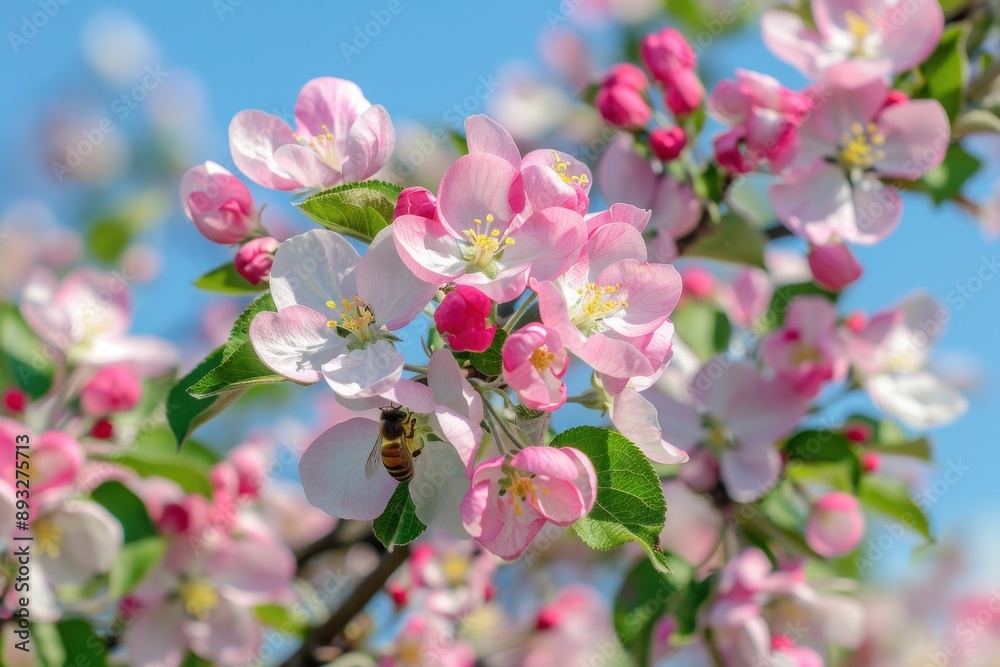 Pink apple blossoms with a bee pollinating, set against a clear blue sky background Pink apple blossoms with a bee pollinating, set against a clear blue sky background