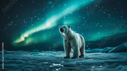 A Polar Bear Standing In the Snow Looking Up at the Aurora Borealis - Generative AI