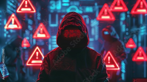 Hacker with digital mask in a room filled with red warning symbols and data
