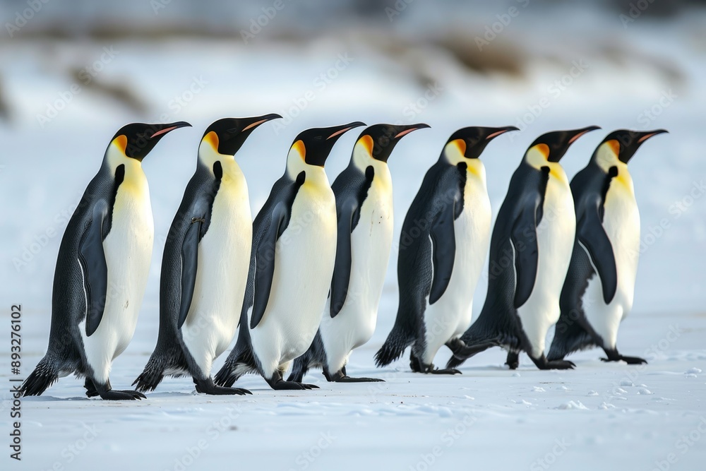 Fototapeta premium Emperor penguins (Aptenodytes forsteri) walking in a row, side view