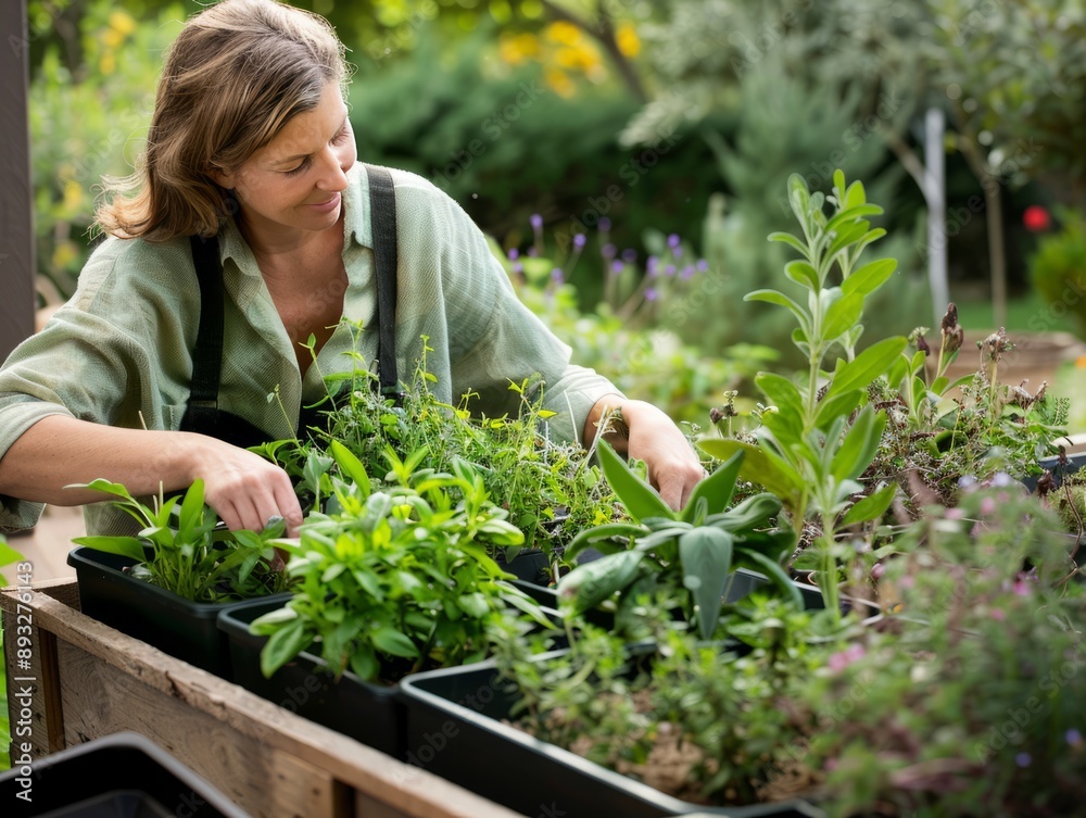 Fototapeta premium Thriving Herb Haven: Easy Care Container Gardening for a Healthy Back and Knees