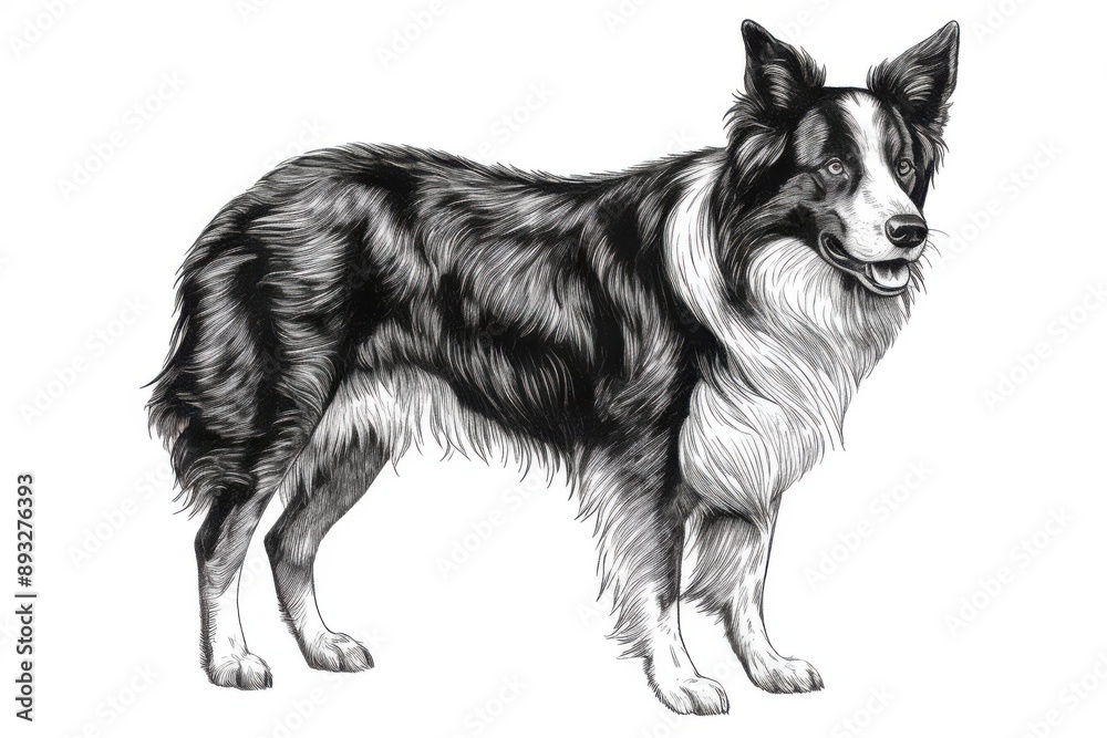 Fototapeta premium Black and white Vintage engraved art of a Border Collie isolated on white background, ink sketch illustration, simple vector art design, highly detailed line art, high contrasty. 