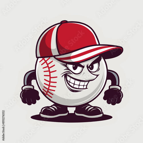 A vibrant and groovy vector illustration of a baseball player wearing a red and white striped cap. The character is depicted as a baseball ball,
with a mischievous grin and a stylish