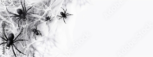 Halloween party celebration holiday concept banner - Frame border corner with spider webs cowweb with spiders, isolated on white background, top view photo