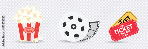 Cinema icon collection, Pop corn icon, Film reel movie icon, Ticket admit one in transparent background