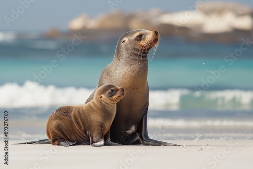 Female Australian Sea Lion with Pup on Beach