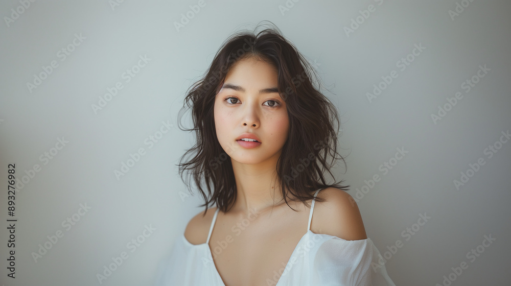 Beautiful Japanese girl in a white dress, with shoulder length hair, in an upper body shot, against a light background, with light and shadow on her face, in front of a white wall, with soft lighting