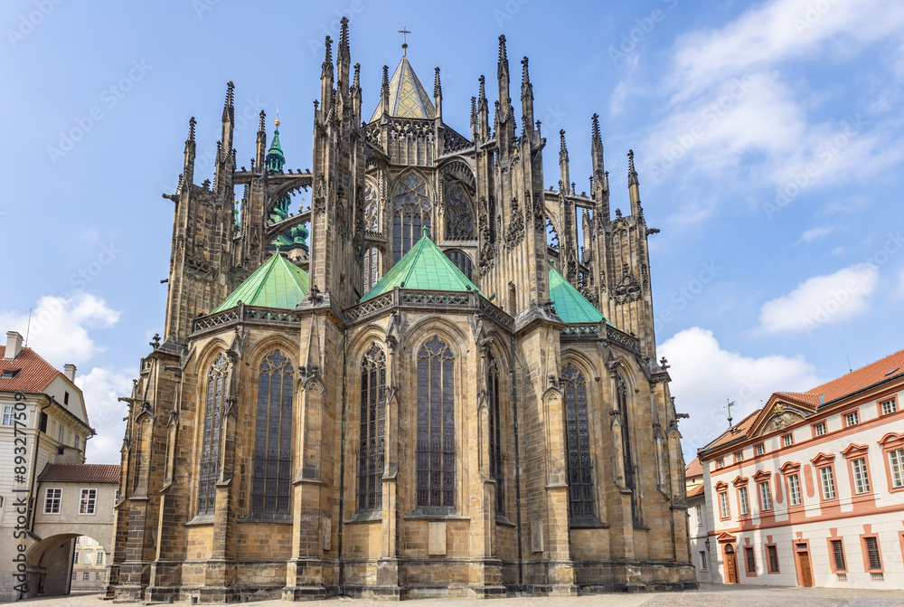 The Metropolitan Cathedral of Saints Vitus, Wenceslaus and Adalbert, a Catholic metropolitan cathedral in Prague, commonly named only as St. Vitus Cathedral is sited in Prague Castle
