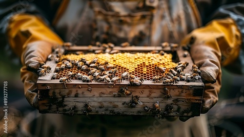 A beekeeper in gloves holding a wooden honeycomb frame teeming with bees. This image is perfect for agricultural, beekeeping, honey production, and environmental conservation themes.