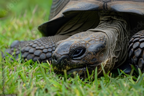 Giant tortoise (Geochelone gigantea) feeding on grass. photo