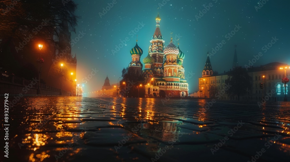Fototapeta premium A Picture of a City at Night With a Clock Tower in the Middle of It - Generative AI