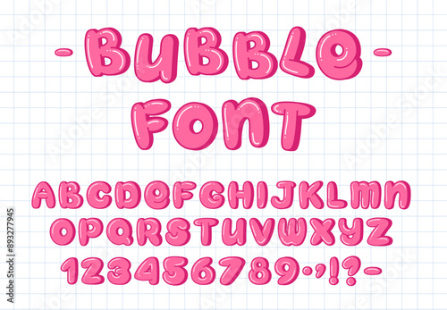 Cartoon Bubble Alphabet. Cute pink sweet plump font featuring uppercase letters, numbers, and punctuation. Perfect for children's designs, party invitations, logos, and playful typography projects.