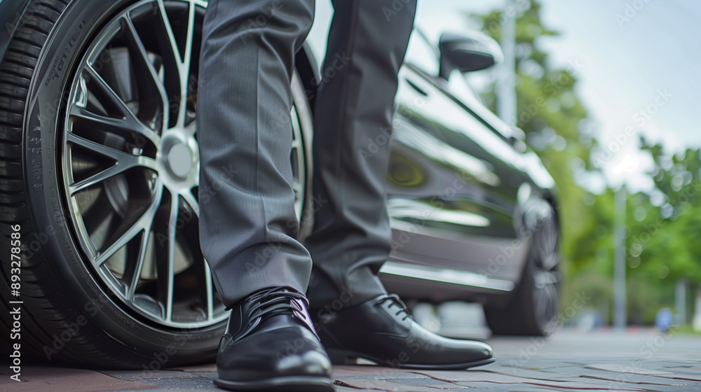 Obraz premium Detailed view of a businessman in an elegant gray suit and black shoes standing near the wheel of a luxury car. 