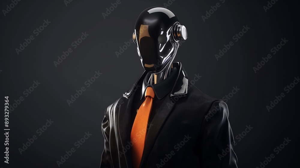 Portrait of Artificial intelligence robot wearing black suit with orange necktie business uniform working on computer. background gradient dark Portrait of Artificial intelligence robot wearing black suit with orange necktie business uniform working on computer. background gradient dark