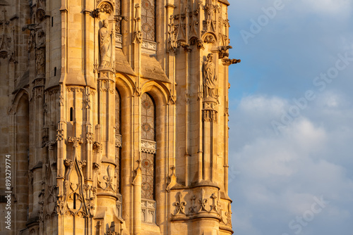 Tour Saint-Jacques (Historic Monument- UNESCO World Heritage Site) close-up architectural view of tower on the Right Bank of Paris. It is an example of flamboyant Gothic architecture