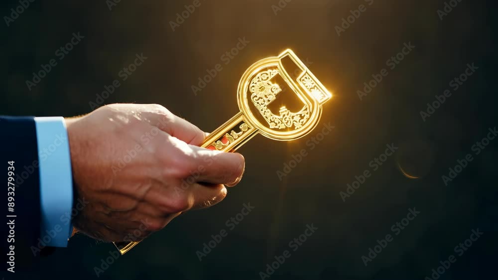 Golden key held by businessman in dark background Golden key held by businessman in dark background
