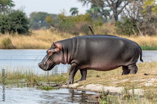 Hippopotamus (Hippopotamus amphibius) on river bank. Okavango Delta.Bostwana photo