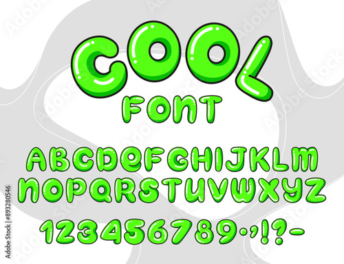 Cartoon Bubble Alphabet. Vibrant cool plump font featuring uppercase letters, numbers, and punctuation in bright green color. Perfect for childrens designs, party invitations, logos, and typography. 
