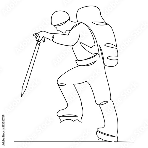 continuous single drawn one line climber alpinist backpacker hand-drawn picture silhouette. Line art. doodle