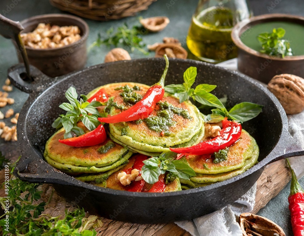 Pfannkuchen mit Paprika, Walnüssen, Pesto und frischen Kräutern in einer Pfanne Pfannkuchen mit Paprika, Walnüssen, Pesto und frischen Kräutern in einer Pfanne