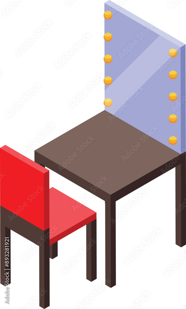 Isometric vanity table with illuminated mirror and red chair Isometric vanity table with illuminated mirror and red chair