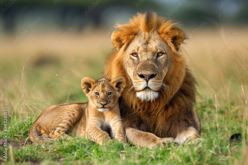 Male lion (Panthera leo) with cub, Tanzania Male lion (Panthera leo) with cub, Tanzania