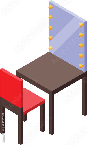 Isometric vanity table with illuminated mirror and red chair