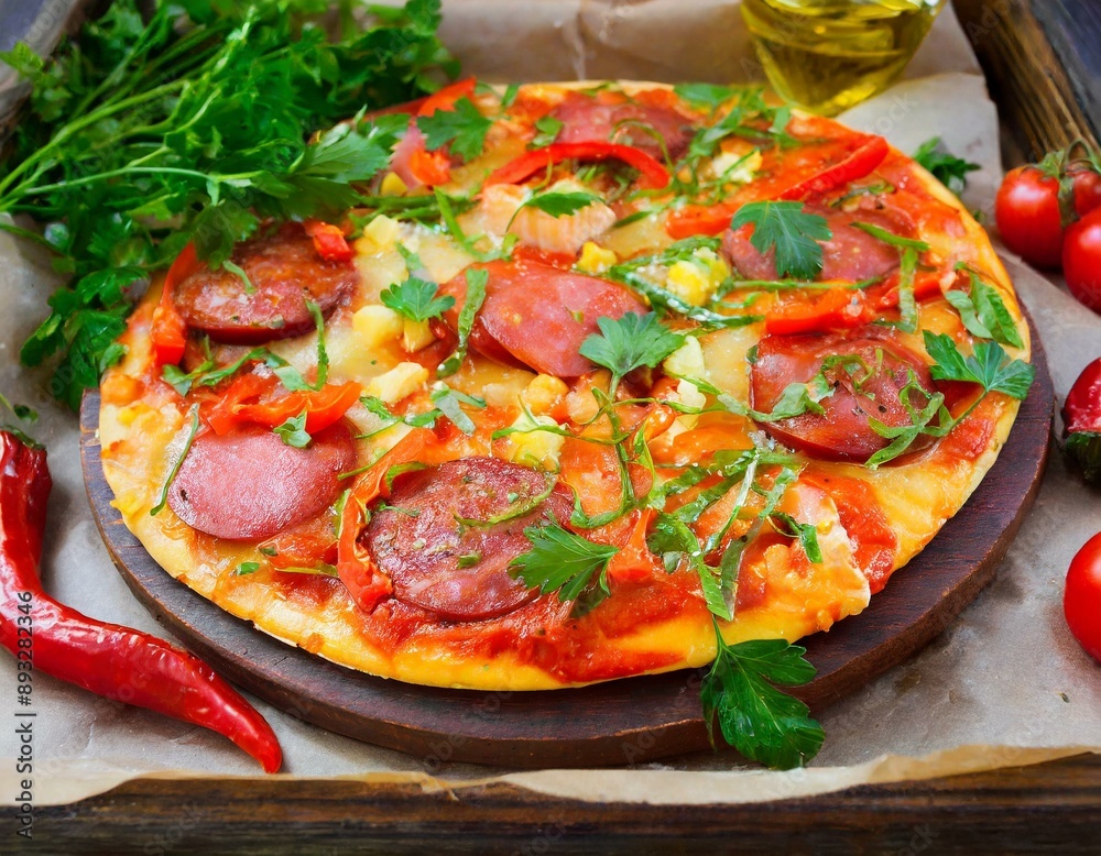 Pizza mit Würstchenstücken, Gemüse, Paprikasauce und frischen Kräutern Pizza mit Würstchenstücken, Gemüse, Paprikasauce und frischen Kräutern