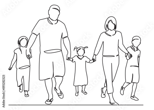 continuous single drawn one line family mum dad and two daughters and son big family hand-drawn picture silhouette. Line art. doodle